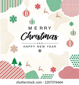 Merry Christmas and happy new year invitation Trendy with Memphis style Poster, card, label, banner design. Vector illustration. 