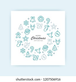 Merry christmas and happy new year greeting card with icons.