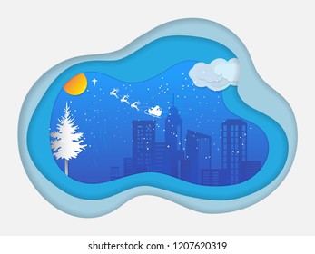 Merry Christmas and Happy New Year concept sock
.Vector illustration of Santa Claus on the sky coming to City give gifts ,paper art and craft style.