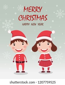 Merry Christmas and happy new year greeting card,banner with cute kids,girl and boy wear Christmas costume and gifts. Cartoon character vector.