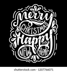 Merry christmas & happy new year. Poster with hand drawn lettering.Vector illustration.