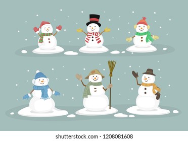 Merry christmas and Happy new year. collection of snowman with a smiling face holidays in different costumes on the snow and blue winter background.