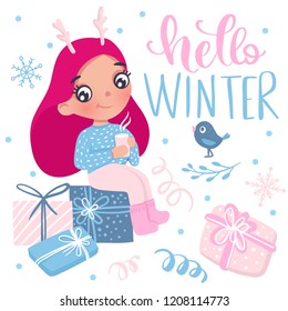 Merry Christmas and Happy New Year 2019 vector card. Cute little girl. Cartoon kids illustration. Holidays design. Young teen, baby girl with gift boxes. Hello winter.