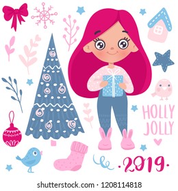 Merry Christmas and Happy New Year 2019 vector collection. Hand drawn Holidays set in cartoon style with cute girls, Christmas tree, gift boxes, snowflakes, winter elements and inscriptions.
