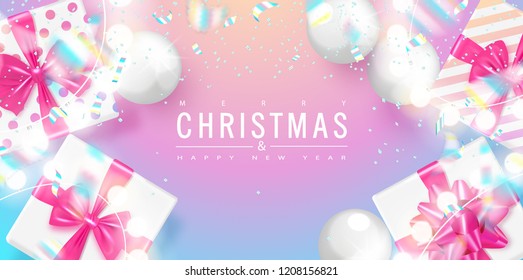 Merry Christmas and Happy New Year trendy background for holiday greeting card, poster, banner. Gift boxes, Christmas balls, garland and falling serpentine.Vector illustration.