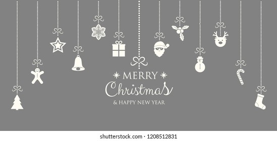 Merry Christmas and Happy New Year - card with decorations and wishes. Vector.