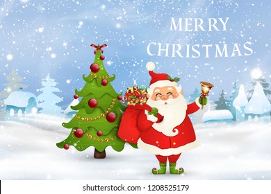 Merry Christmas. Happy new year. Cute Santa Claus with red bag with presents, gift boxes, christmas tree, jingle bell in christmas snow scene. Happy Santa Claus cartoon character in winter landscape