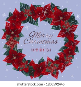 Merry Christmas and Happy New Year holiday decoration design. Greeting Card, Invitation, Xmas banner with red Poinsettia flower, Season Wishes. Blue background.