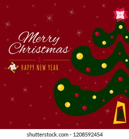 Merry Christmas and Happy New Year holiday decoration design. Greeting Card, Invitation. Xmas banner with Pine, Fir Tree, Season Wishes, Poinsettia flowers, red, yellow balls on dark red background.