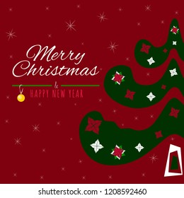 Merry Christmas and Happy New Year holiday decoration design. Greeting Card, Invitation. Xmas banner with Pine, Fir Tree, Poinsettia flowers, Season Wishes and yellow ball on dark red background.