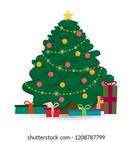 Merry Christmas and happy New Year. 
Christmas tree with gifts. Cartoon vector illustration on white background. EPS 10