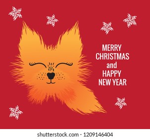 Merry Christmas and Happy New Year card with orange cute fox fluff Vector illustration isolated on red background. Head with paws and tail