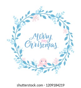 Merry Christmas and Happy New Year vector card. Holidays frame with leaves and branches.