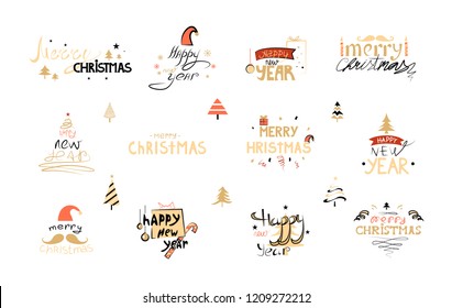 Merry Christmas and a Happy New Year decoration for greeting card. Calligraphy and lettering, typography element. Isolated flat vector illustration