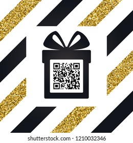 Merry Christmas and Happy New Year Gift box with bow and greetings. Icon. Black and white. Vector QR code. Gift box with a bow. 2019