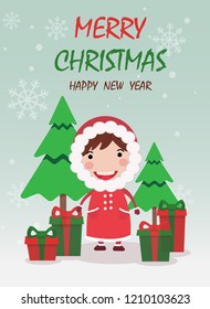 Merry Christmas and happy new year greeting card,banner with cute kid, girl   wear Christmas costume, Christmas tree and gifts. Cartoon character vector.