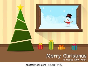 Merry Christmas and Happy New Year. Christmas tree and gift box at home Look through the window to meet the snowman.