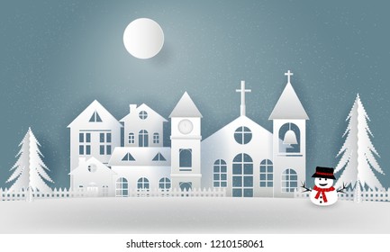 Merry Christmas and Happy New Year.  An illustration of a village on a snowy night. Have snow dolls. It is a quiet night of the Christmas season. It is a cut paper art.
