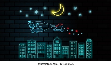 Merry Christmas and Happy New Year background. Santa Claus, 3D Neon light Glowing on the dark wall. vector illustration.