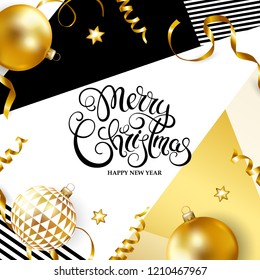 Merry Christmas and Happy New Year card with balls and serpentine on geometric background. Vector illustration.