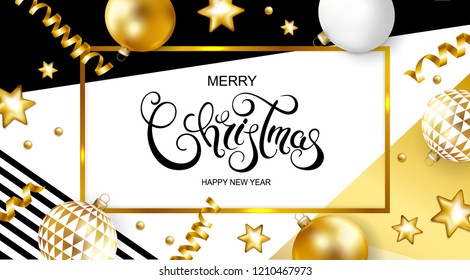 Merry Christmas and Happy New Year card with balls and serpentine on geometric background. Vector illustration.