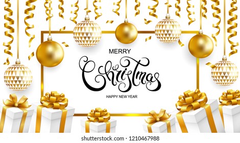 Merry Christmas and Happy New Year card with balls, gifts and serpentine on white background. Vector illustration.