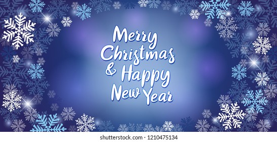 
Merry Christmas and Happy New Year. Winter background with snowflakes and stars. New Year's congratulatory flyer.