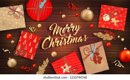 Merry Christmas and happy new year. Beautiful background with Christmas decoration: red and gold balls, craft gift boxes, ribbons and branches