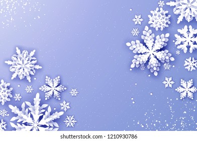 Merry Christmas and Happy New Year Greetings card. White Paper cut snowflakes. Origami Winter Decoration background. Seasonal holidays. Snowfall. Space for text. Purple.