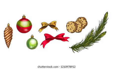 Merry Christmas and Happy New Year vector set. Gingerbread cookie, cone, fir branch, bow and glass balls Isolated on white background. Winter hollidays collection