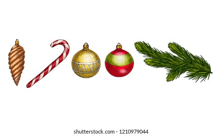 Merry Christmas and Happy New Year vector set. Cone, fir branch, candycane and glass balls Isolated on white background. Winter hollidays collection