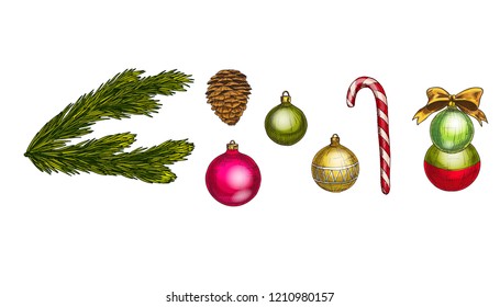 Merry Christmas and Happy New Year vector set. Cone, fir branch, bow, candycane and glass balls Isolated on white background. Winter hollidays collection