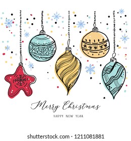 Merry Christmas and Happy New year card with colorful ornaments on snowflakes background.festive and celebrate concept.vector illustration.