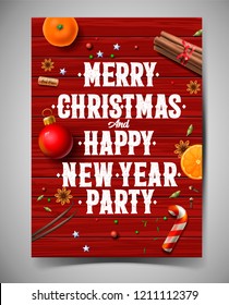 Merry Christmas and Happy New Year  party design template, poster with vintage background with typography and spices, vector illustration.