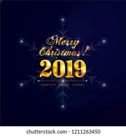 Merry Christmas and Happy New Year 2019. Abstract Holiday Vector Illustration With golden 2019  Lettering Composition.