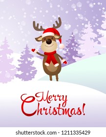 Merry Christmas and Happy New Year and deer banner design. Creative calligraphy with cartoon character of deer. Snowy trees on background. Can be used for posters, banners, greetings