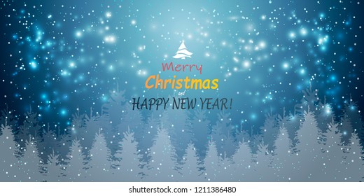 merry christmas happy new year  winter holidays fir tree forest landscape background snowfall horizontal greeting card flat vector illustration