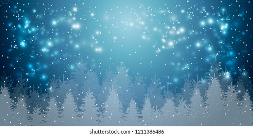 merry christmas happy new year  winter holidays fir tree forest landscape background snowfall horizontal greeting card flat vector illustration