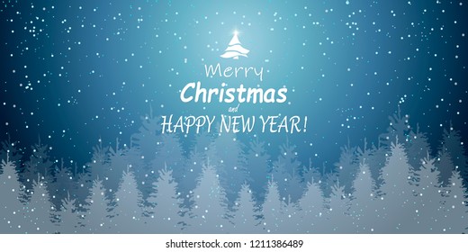 merry christmas happy new year  winter holidays fir tree forest landscape background snowfall horizontal greeting card flat vector illustration