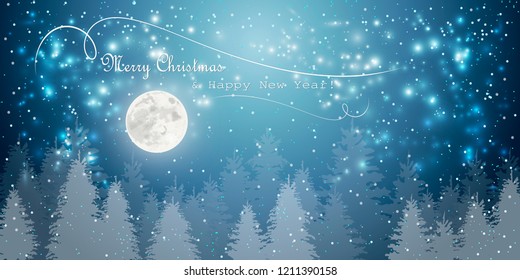 merry christmas happy new year  winter holidays full moon  fir tree forest landscape background snowfall horizontal greeting card flat vector illustration