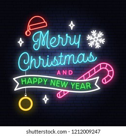 Merry Christmas and Happy New Year neon sign with snowflakes, hanging christmas ball, santa hat, candy. Vector. Neon design for xmas, new year emblem, bright signboard, light banner. Night signboard