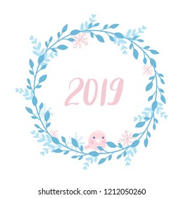 Merry Christmas and Happy New Year vector card. Frame, border with leaves and branches. Greeting cards. Hand drawn lettering phrase for holidays design, posters, postcards on white background.