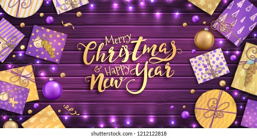 Merry Christmas and happy new year banner with Christmas decoration: colorful balls, purple and gold gift box, garland on wooden background. Xmas holiday greeting card, beautiful Christmas sale poster