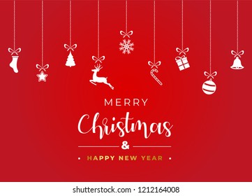 Merry Christmas and happy new year banner with Christmas decoration: red and white ball, gift box and star on red background. Xmas holiday greeting card.