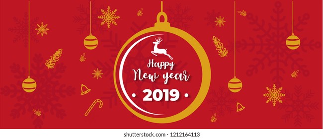 Merry Christmas and happy new year banner with Christmas decoration: balls, gift box and snowflakes on red background. Xmas holiday greeting card, beautiful Christmas banner