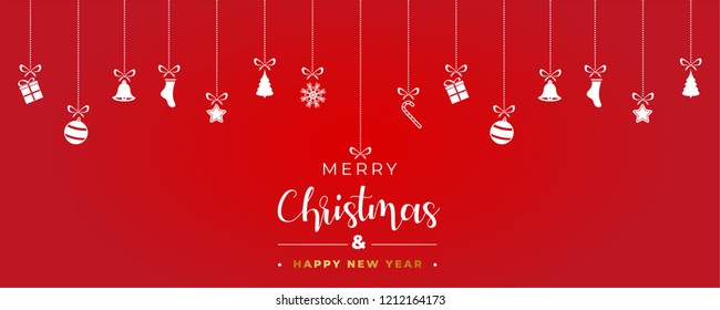 Merry Christmas and happy new year banner with Christmas decoration: red and white ball, gift box and star on red background. Xmas holiday greeting card. New year banner design