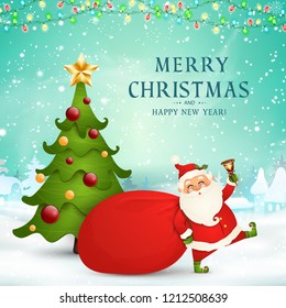 Merry Christmas. Happy new year. Cute Santa Claus with red bag, christmas tree, jingle bell in christmas snow scene. Happy Santa Claus cartoon character in winter landscape with falling snow, garland.