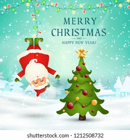 Merry Christmas. Happy new year. funny Santa Claus hanging upside down in christmas snow scene with falling snow, garlands, christmas tree. Happy Santa Claus cartoon character in winter landscape.