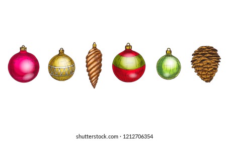 Merry Christmas and Happy New Year vector set. Cone and multicolored glass balls Isolated on white background. Winter hollidays collection