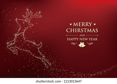 Merry Christmas and Happy New Year. Golden star reindeer on red background. Vector Illustration.